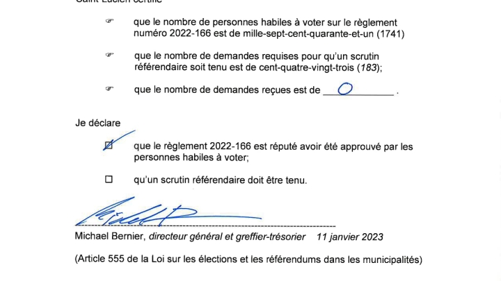 Certificat relatif au déroulement de la procédure  d'enregistrement des personnes habiles à voter - règlement 2022-166