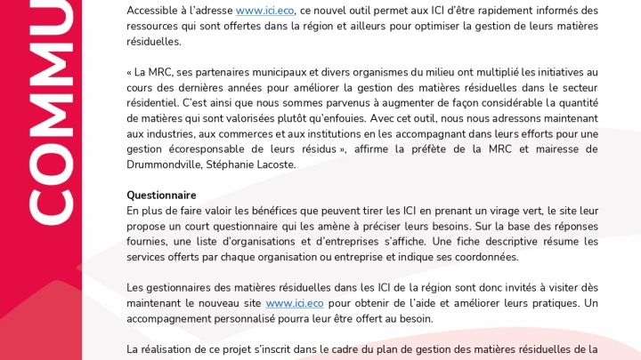Communiqué de la MRC de Drummond - création d'un site web pour les ¨ICI¨