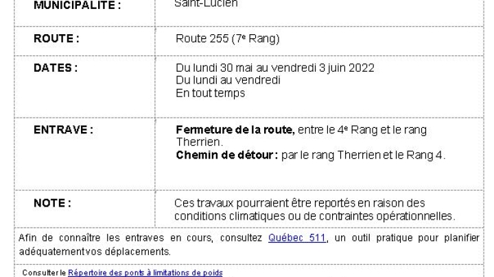 Avis de travaux 7e Rang