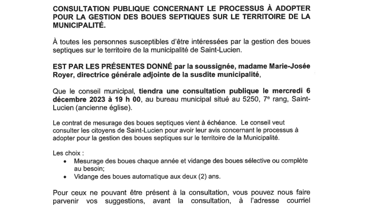 Consultation publique - Gestion des boues septiques