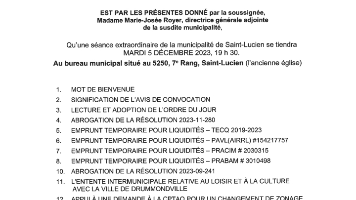Avis public- séance extraordinaire du 05-12-2023