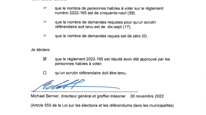 Certificat relatif au déroulement de la procédure d'enregistrement des personnes habiles à voter concernant le règlement 2022-165