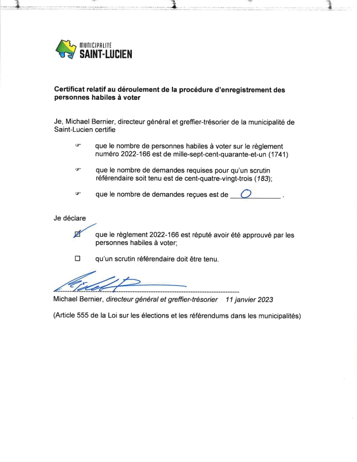 Certificat relatif au déroulement de la procédure  d'enregistrement des personnes habiles à voter - règlement 2022-166