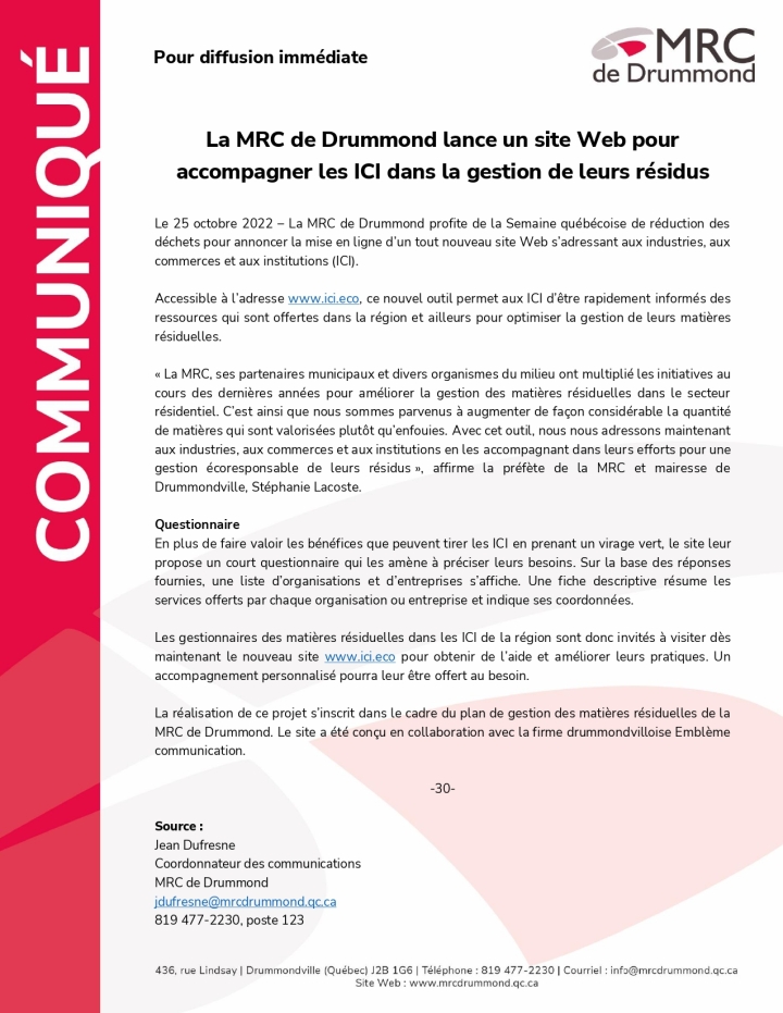 Communiqué de la MRC de Drummond - création d'un site web pour les ¨ICI¨
