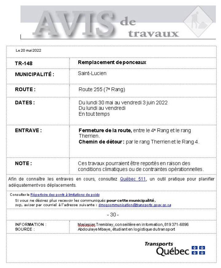 Avis de travaux 7e Rang