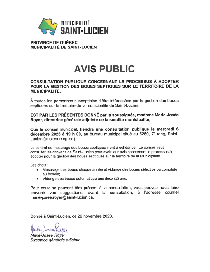 Consultation publique - Gestion des boues septiques