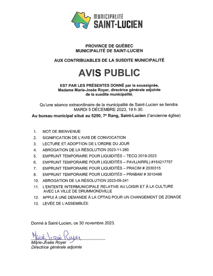 Avis public- séance extraordinaire du 05-12-2023