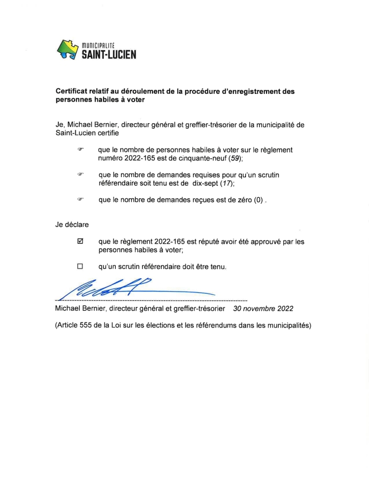 Certificat relatif au déroulement de la procédure d'enregistrement des personnes habiles à voter concernant le règlement 2022-165